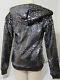 BLING Victoria Secret Pink LEOPARD BLACK FUR LOGO SWEAT SHIRT JACKET HOODIE M