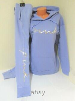 BLING Victoria Secret Pink PERIWINKLE LOGO PULLOVER HOODIE JOGGER PANT L XL SET