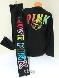 BLING Victoria Secret Pink RAINBOW Sequin SHINE TEE SHIRT + LEGGING PANT M L SET