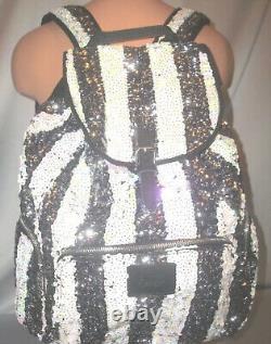 Bling VICTORIA SECRET PINK Black Stripe TRAVEL SEQUIN CARRYON BOOK BAG BACKPACK