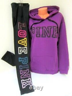 LOT Victoria Secret Pink LOGO PULLOVER HOODIE BLACK RAINBOW LEGGING PANT XL SET