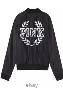 NWT Victoria Secret VS Pink White Crest Black Bomber Jacket L NEW