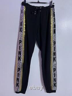 Rare Victoria Secret Pink Hoodie Joggers XS SET Campus 86 Sequin Bling 1/4 Zip