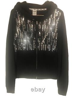 VICTORIAS SECRET PINK BLING SEQUIN HOODIE SWEATSHIRT BLACK Perfect Zip Sz Medium