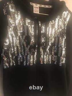 VICTORIAS SECRET PINK BLING SEQUIN HOODIE SWEATSHIRT BLACK Perfect Zip Sz Medium