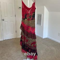 VINTAGE Victoria Secrets Red Rose animal print Slip Dress Cascading side ruffle