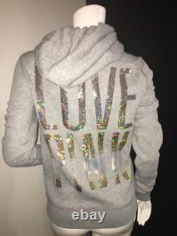 Victoria Secret Love Pink Gray/Gold Sequin Full-Zip Up Hoodie Jacket BLING S