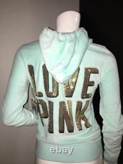 Victoria Secret PINK Bling Gold Sequins aqua Green Velour Zip Hoodie Jacket XS