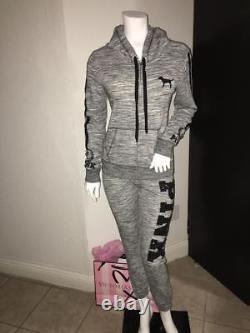 Victoria Secret PINK Bling Perfect Zip Hoodie Skinny Pant Marled Gray Sequin S