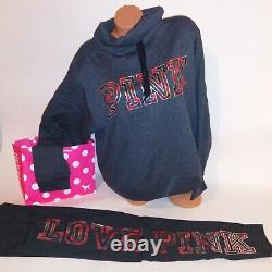 Victoria Secret PINK Set Sweater & Sweat Pants Gray Red Logo Pullover Joggers