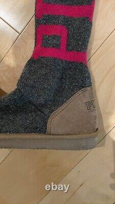 Victoria Secret PINK Sweater Knee High Slipper Mukluk Boots Gray Pink Sz 7 8 M