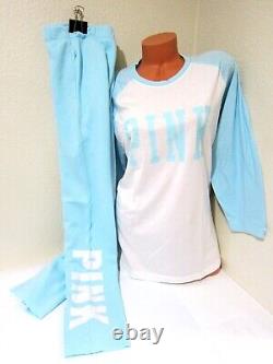 Victoria Secret Pink BLUE BASEBALL LOGO 3/4 TEE SHIRT BOYFRIEND PANT XL COZY SET