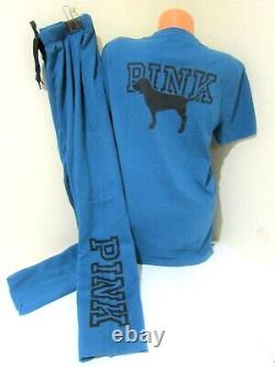 Victoria Secret Pink BLUE CORAL DOG LOGO TEE SHIRT XL BOYFRIEND PANT L COZY SET