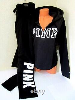 Victoria Secret Pink LOGO PULLOVER 3/4 ZIP PULLOVER HOODIE BOYFRIEND PANT L SET