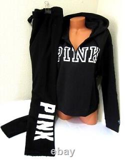 Victoria Secret Pink LOGO PULLOVER 3/4 ZIP PULLOVER HOODIE BOYFRIEND PANT L SET