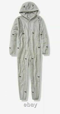 Victoria Secret Pink Teddy Soft Pajama Onesie M/L Dogs Gray one piece ski RARE