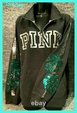 Victoria's Secret Pink Bling Tropical Palm Campus Quarter Zip Pullover Gray M L