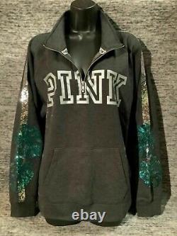 Victoria's Secret Pink Bling Tropical Palm Campus Quarter Zip Pullover Gray M L