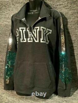 Victoria's Secret Pink Bling Tropical Palm Campus Quarter Zip Pullover Gray M L