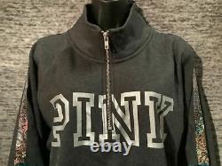 Victoria's Secret Pink Bling Tropical Palm Campus Quarter Zip Pullover Gray M L