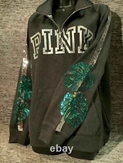 Victoria's Secret Pink Bling Tropical Palm Campus Quarter Zip Pullover Gray M L