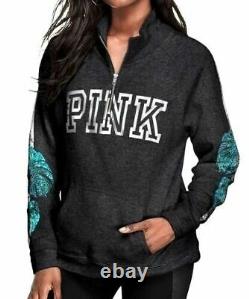 Victoria's Secret Pink Bling Tropical Palm Campus Quarter Zip Pullover Gray M L