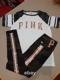 Victoria's Secret Pink Camo Bling Rose Gold Tee& & Camo Bling Leggings Htf