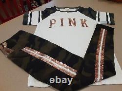 Victoria's Secret Pink Camo Bling Rose Gold Tee& & Camo Bling Leggings Htf