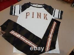 Victoria's Secret Pink Camo Bling Rose Gold Tee& & Camo Bling Leggings Htf