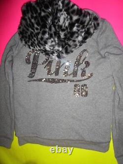 Victorias Secret Pink Bling Hoodie Small Faux Fur Leopard Gray Script Jacket HOT