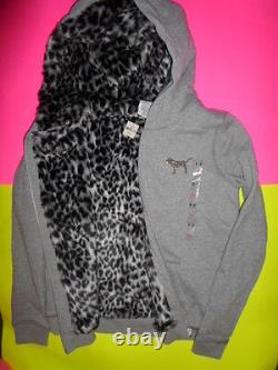 Victorias Secret Pink Bling Hoodie Small Faux Fur Leopard Gray Script Jacket HOT