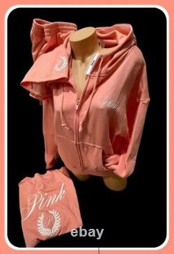 Victorias Secret Pink Full Zip Hoodie Shorts & Tee Shirt 3pc LXL CoralPeach NWT