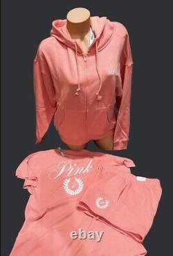 Victorias Secret Pink Full Zip Hoodie Shorts & Tee Shirt 3pc LXL CoralPeach NWT