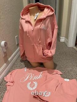 Victorias Secret Pink Full Zip Hoodie Shorts & Tee Shirt 3pc LXL CoralPeach NWT