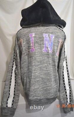 Victorias Secret Pink SEQUIN Bling FAUX FUR LINED HOOD SLOUCHY HOODIE NWT XL